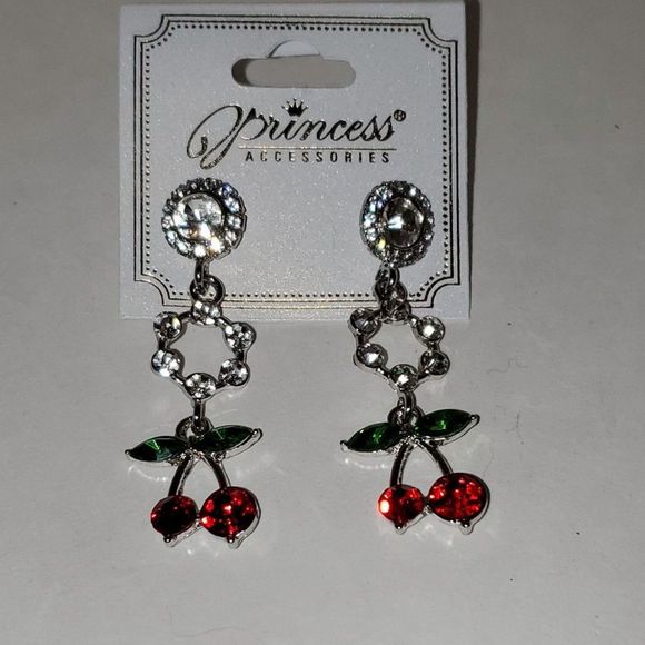 Princess Accessories Dangle Pierced Earrings Rhinestones Cherries Silver Tone - Picture 1 of 7